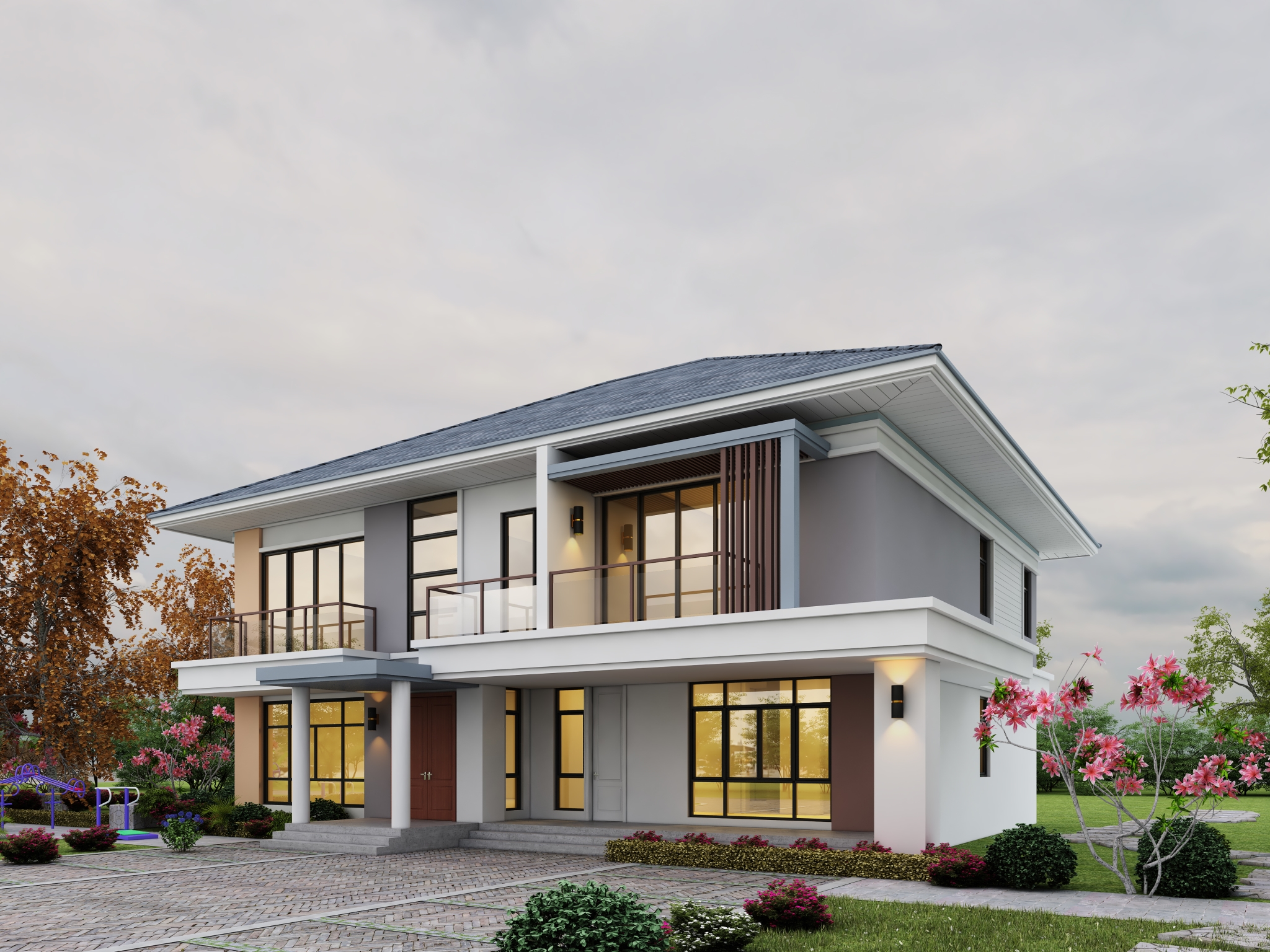 |现代二层住宅，四房四卫带阳台