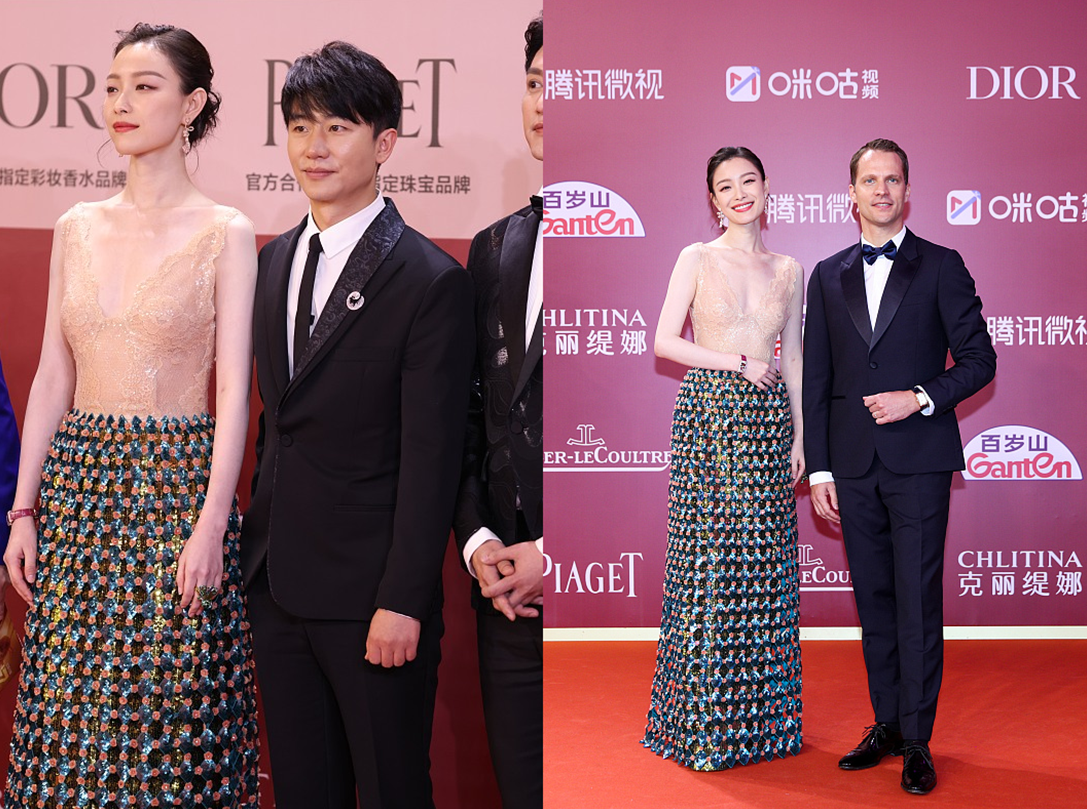 倪妮|倪妮的裸色拼接长裙，在灯光下像是“隐身”一样，衬得人优雅妩媚