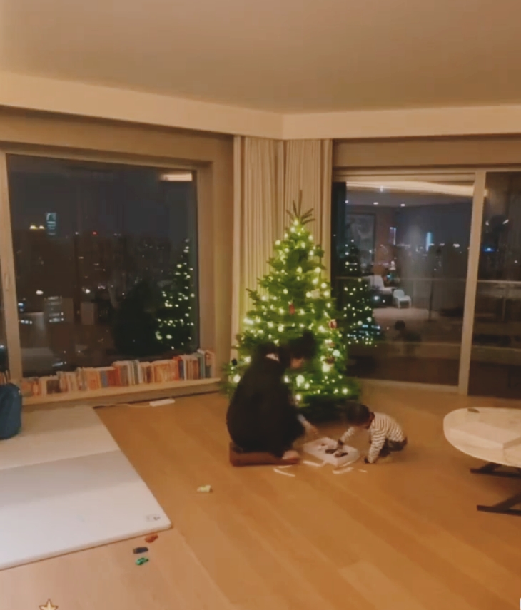 奚梦瑶|奚梦瑶在客厅装饰圣诞树，2岁儿子给妈妈帮忙，母子同框好温馨