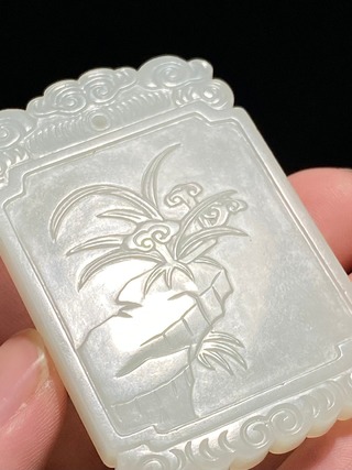 |清 和田玉籽料 白玉 吉祥如意 灵芝纹 玉牌 挂件