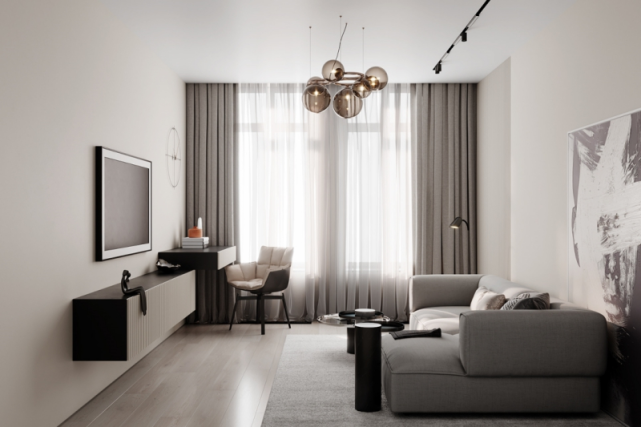 77平二居室简约风改造,高低悬柜填充墙面这个太特别了