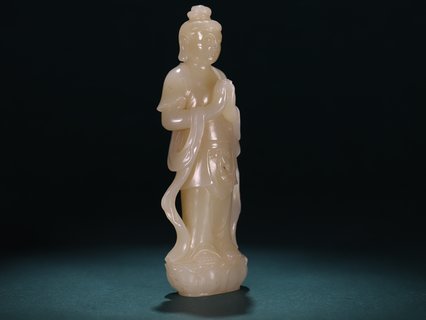 |和田玉观音站姿像、配精美老布盒装藏