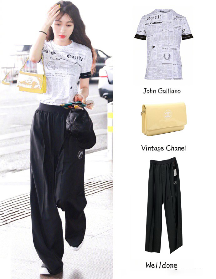 混搭时尚Anna|李菲儿终于低调了，穿585T恤配高腰裤走机场，看到包我直接沉默了