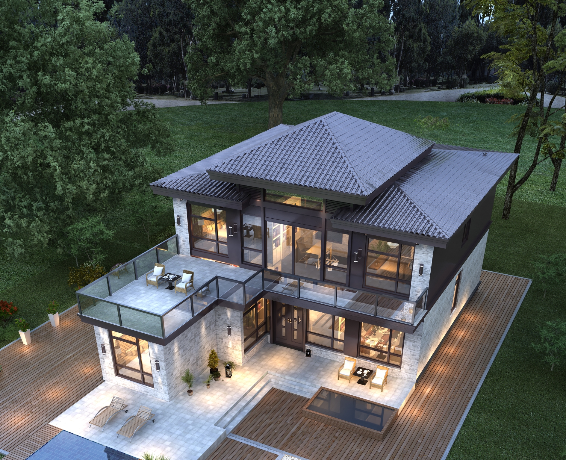 |新中式二层住宅，4房2厅的舒适布局