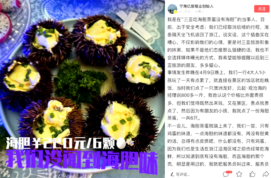 主人公 三亚通报“游客吃海胆蒸蛋没海胆遭威胁”，当事人表示不接受