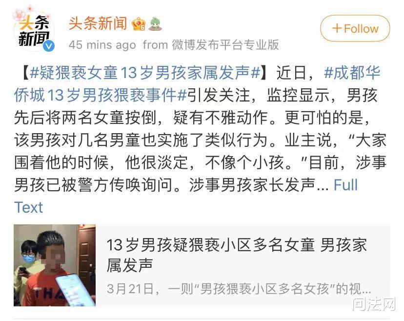 问法网 成都华侨城13岁男孩猥亵事件，犯罪低龄化如何破冰？