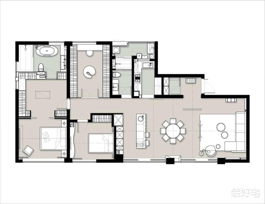 |白色空间搭配黑色线条，配上轻奢的黄铜元素，这个三居室并不简单