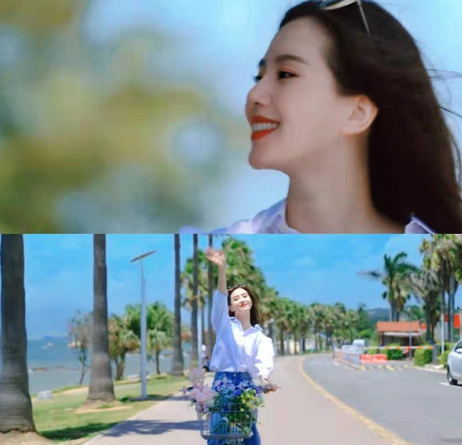 刘诗诗|刘诗诗海边大片像拍偶像剧！穿白衬衫骑单车长发飘飘，笑容比蜜甜