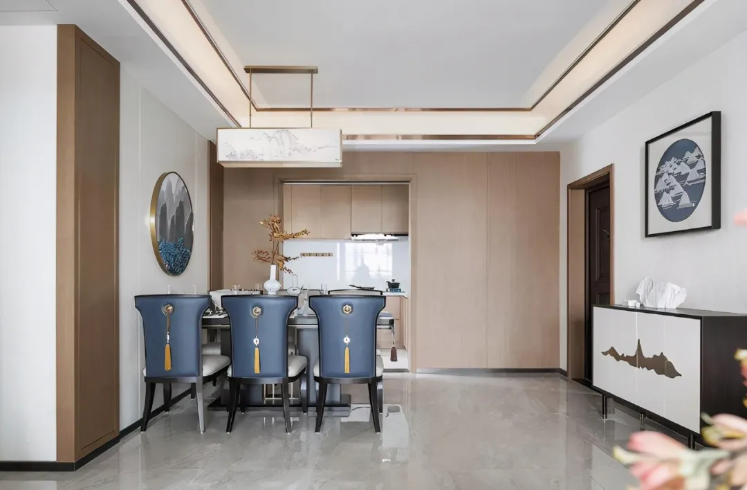 125㎡现代中式风新房,全屋烟灰蓝配色,清爽明亮!