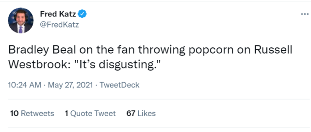 威斯布鲁克|冲上热搜+詹皇力挺！威少回应被扔爆米花：没人敢在街上这样对我