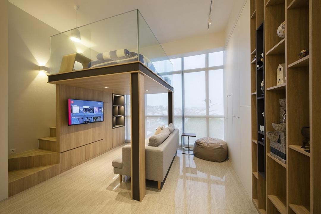 小户型的装修模板：木板电视墙向上延伸，再多做一层“有效”卧室