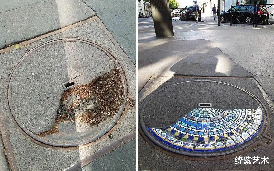 绛紫艺术 他用彩色马赛克,来修补坑洼和街道,独特的创意,让人心生敬佩