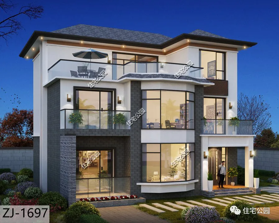 |弧形落地窗+舒适套房+露台，12×10米质感三层别墅