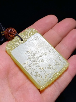 道光|清道光 和田玉籽料 黄玉 携琴访友 宏晋款 玉牌