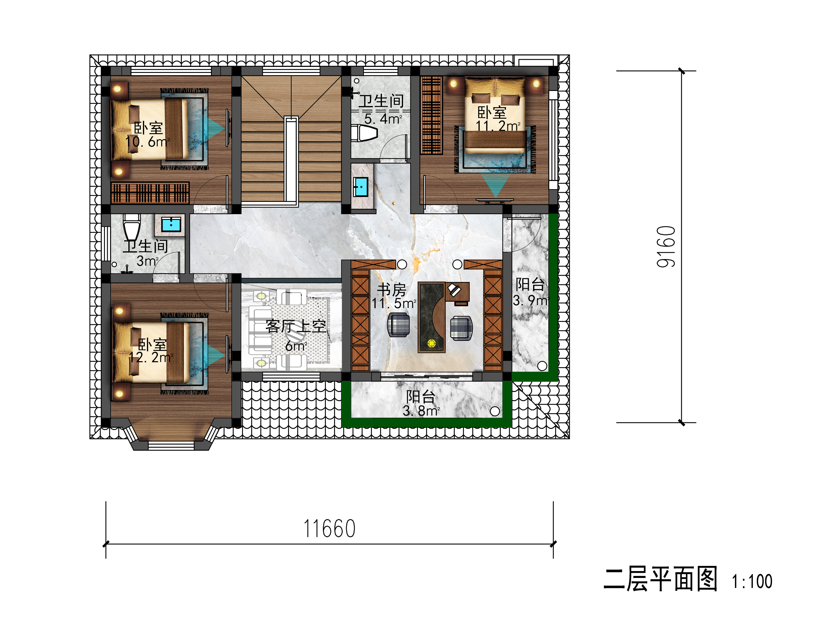 |12*9的标准占地住宅，5房3卫的布局