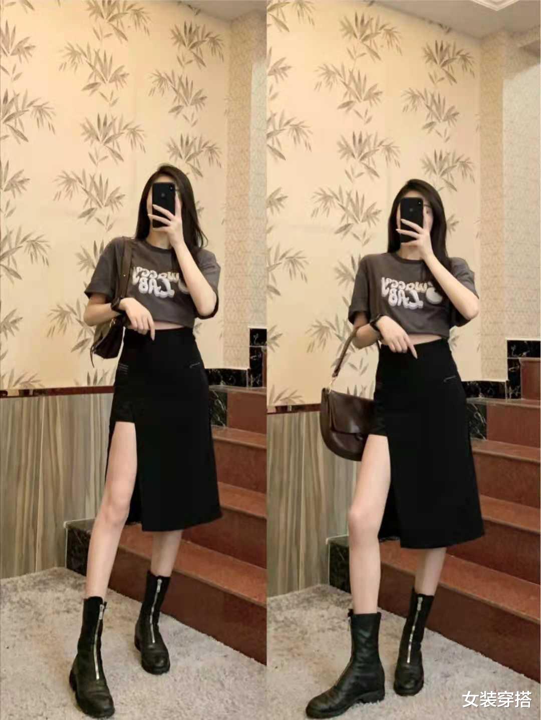 女装穿搭|黑色开叉裙搭配什么上衣和鞋子