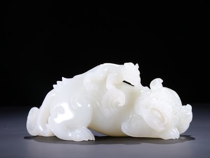 和田玉籽料|和田玉籽料子母瑞兽摆件