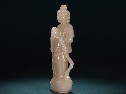 |和田玉观音站姿像、配精美老布盒装藏