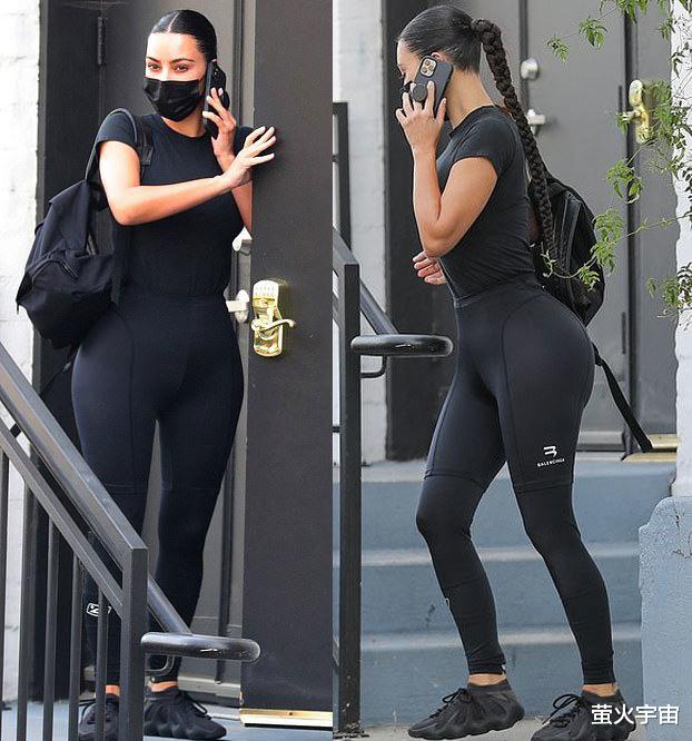 金·卡戴珊|金·卡戴珊素颜现身，穿“鲨鱼皮”裤背影壮观，小腹平坦显健美