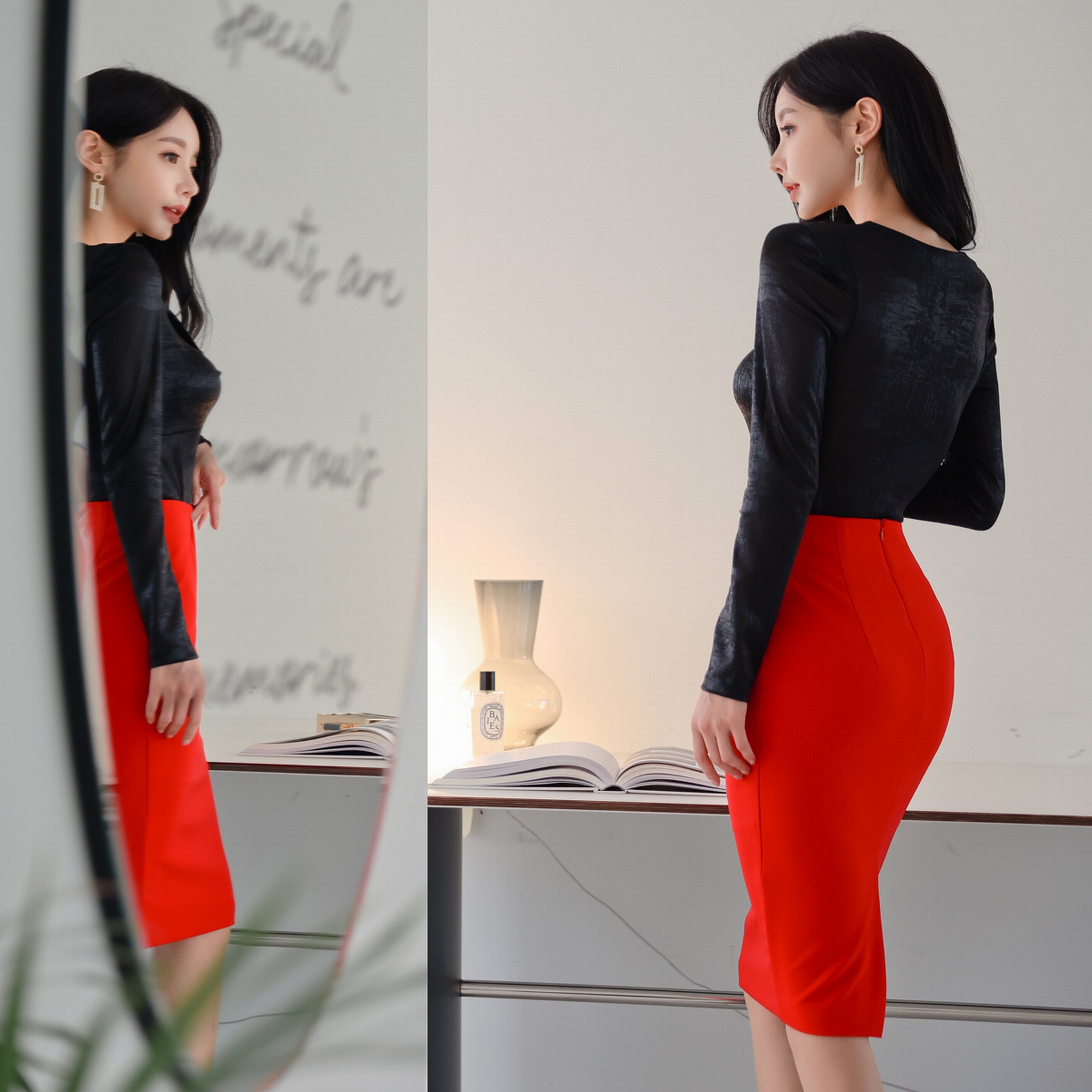 韩国名模孙允珠 2021最新孙允珠时尚写真:黝黑麻花桃心领T恤搭配大红修身半身裙