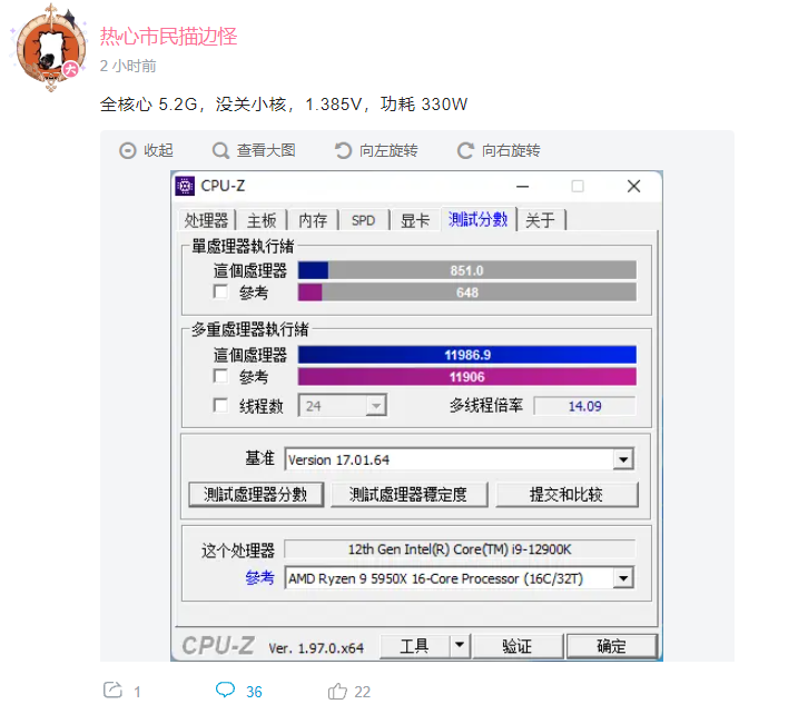 酷睿处理器|12代酷睿19-12900K超频成绩曝光：5.3GHz时达400W，功耗恐怖