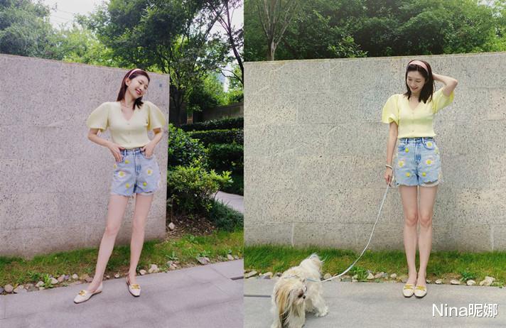 Nina昵娜|江疏影小区遛狗好惬意，穿短裤大小腿细成一条线，坐木马168腿伸不直
