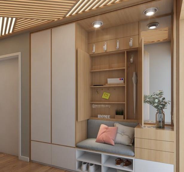 玄关局部地面下挖30公分,收纳柜内嵌地面下,隐形不占地,实用