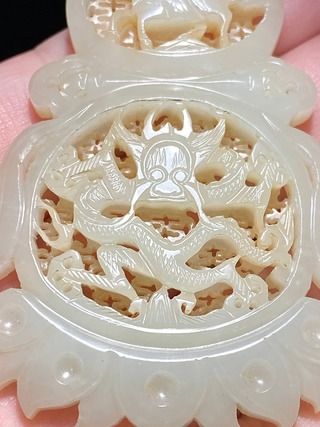 元青花|明 和田玉籽料 白玉 透雕葫芦形福禄龙纹牌 挂件把件