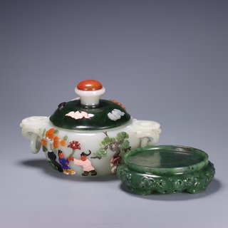 |旧藏: 和田玉百宝嵌【福禄寿喜】盖炉