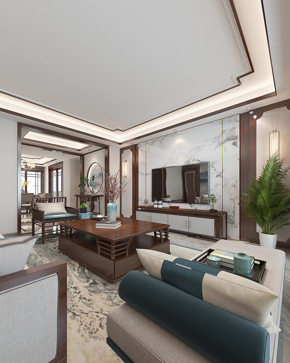 山水画|他家的中式风太好看了，入户玄关的圆形造型，很有中式意韵和品味