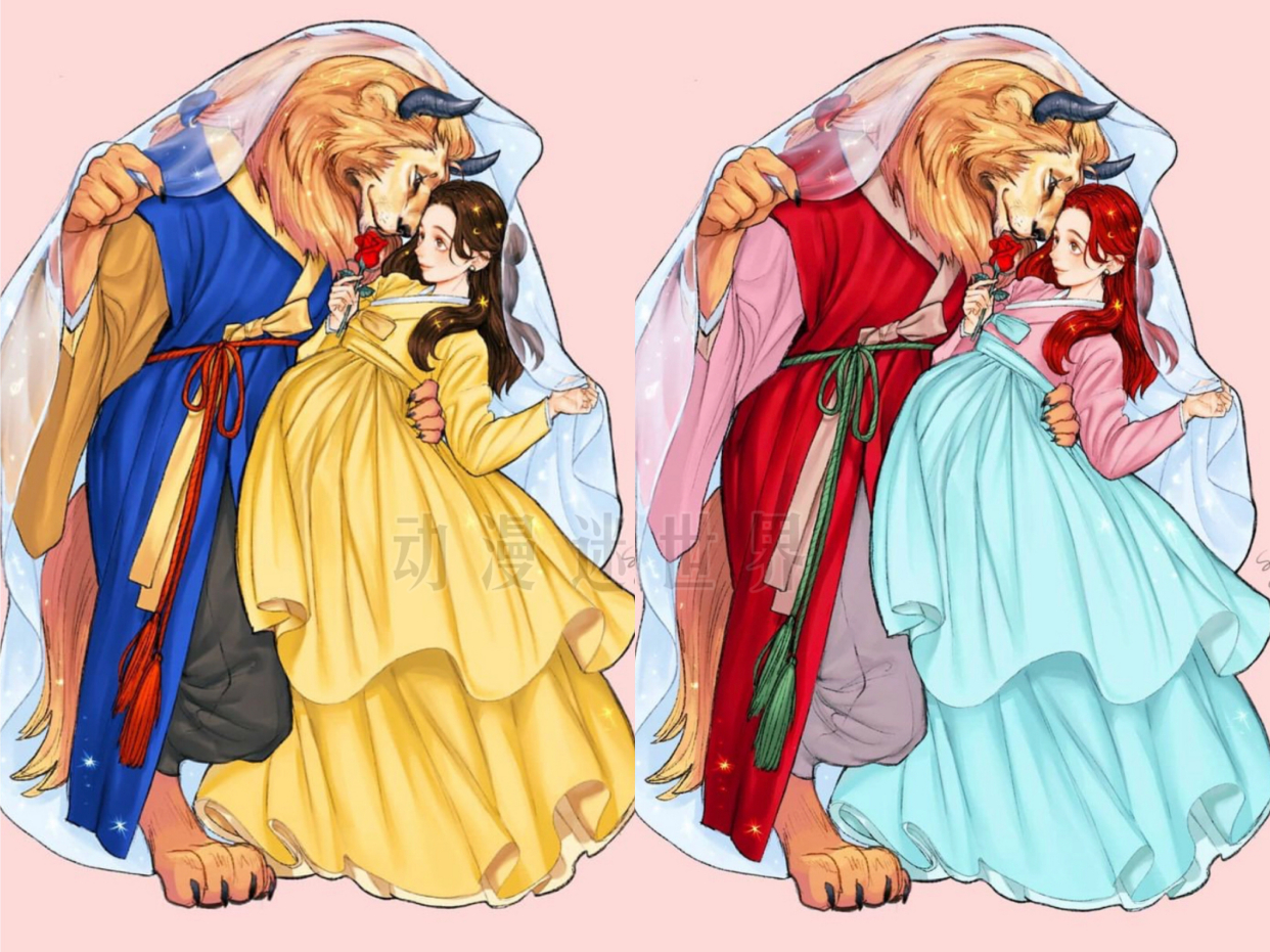 迪士尼公主|穿“韩服”的迪士尼公主，画师自创两副面孔，首见黑发的艾莎女王