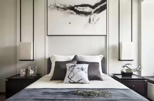 |126平卧室黑白灰的中式禅意格调，效果独特而又舒适端庄