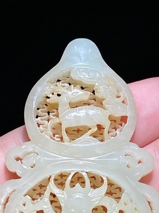 元青花|明 和田玉籽料 白玉 透雕葫芦形福禄龙纹牌 挂件把件