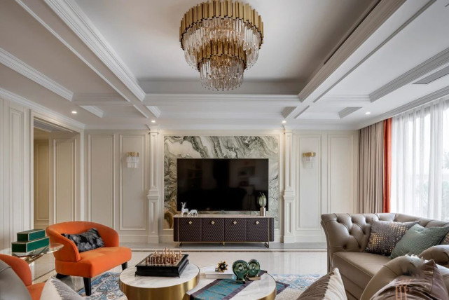 189平轻奢四居室,爱马仕橙色、金属铜色突破沉闷的空间