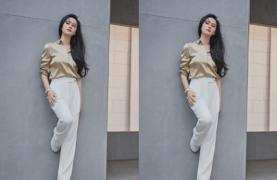 潮流搭配师甜甜|刘亦菲穿缎面衬衫太霸气，看着好像“女老板”，却依旧仙气满满