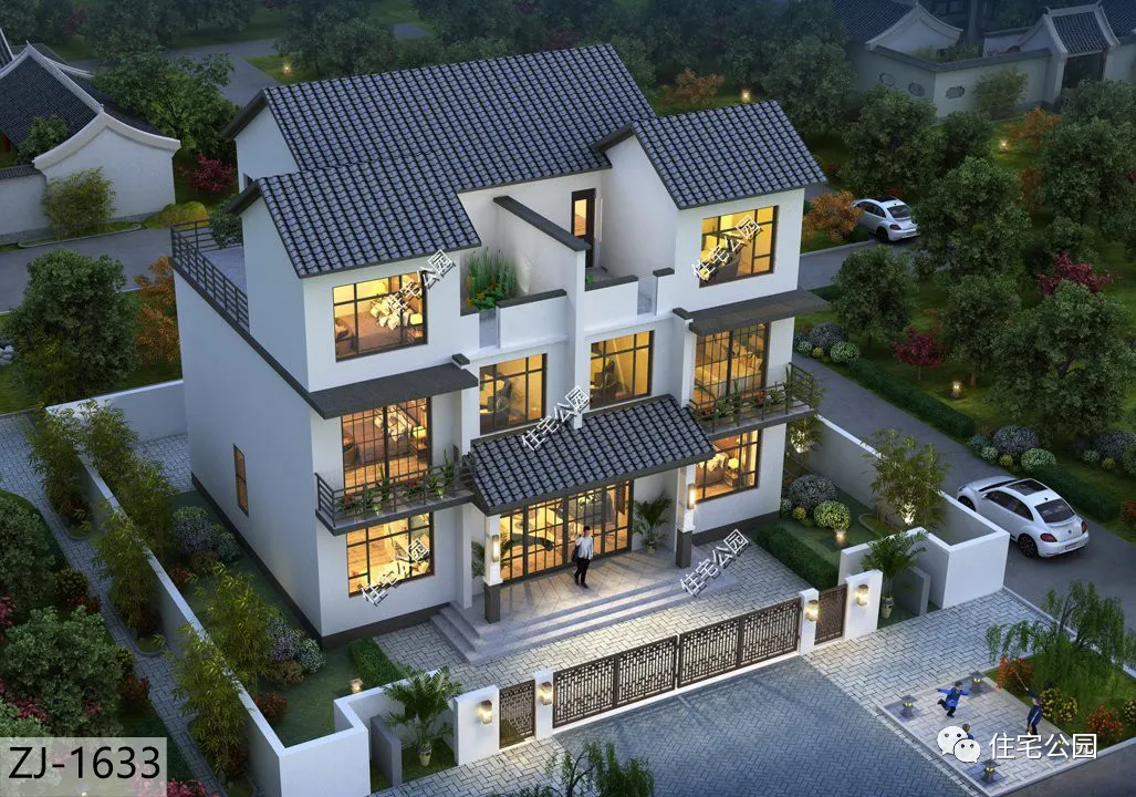 |14×11米三层新中式双拼，能跟兄弟一起建房可真好