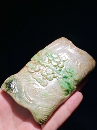 笔筒|清 天然飘绿翡翠 松桩 墨床 笔搁 文房摆件