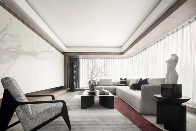 180平超大横厅的现代风,落地窗连接着各个功能区域