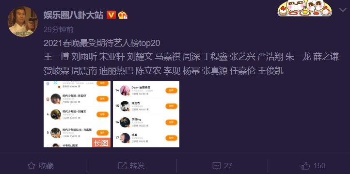 春晚|春晚最受期待艺人王一博居榜首，杨幂热巴排最后，网传肖战当主持人？