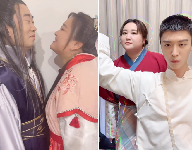 贾玲|39岁贾玲穿汉服太娇羞！小跑扑进杨洋怀里一脸甜蜜，脖子上肉堆两层