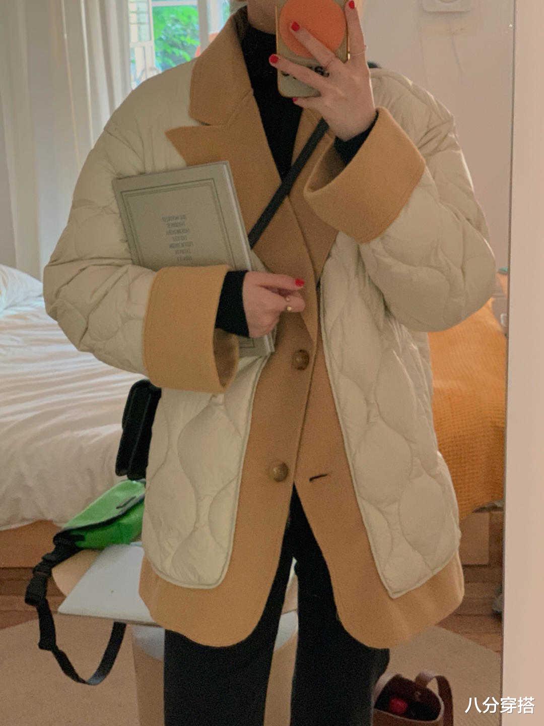 八分穿搭 别再选基础款羽绒服了！西装+羽绒服拼接设计才是真时髦，还暖和