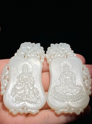 和田玉籽料|清 和田玉籽料白玉 佛 观音 诗文牌 子冈牌 对牌