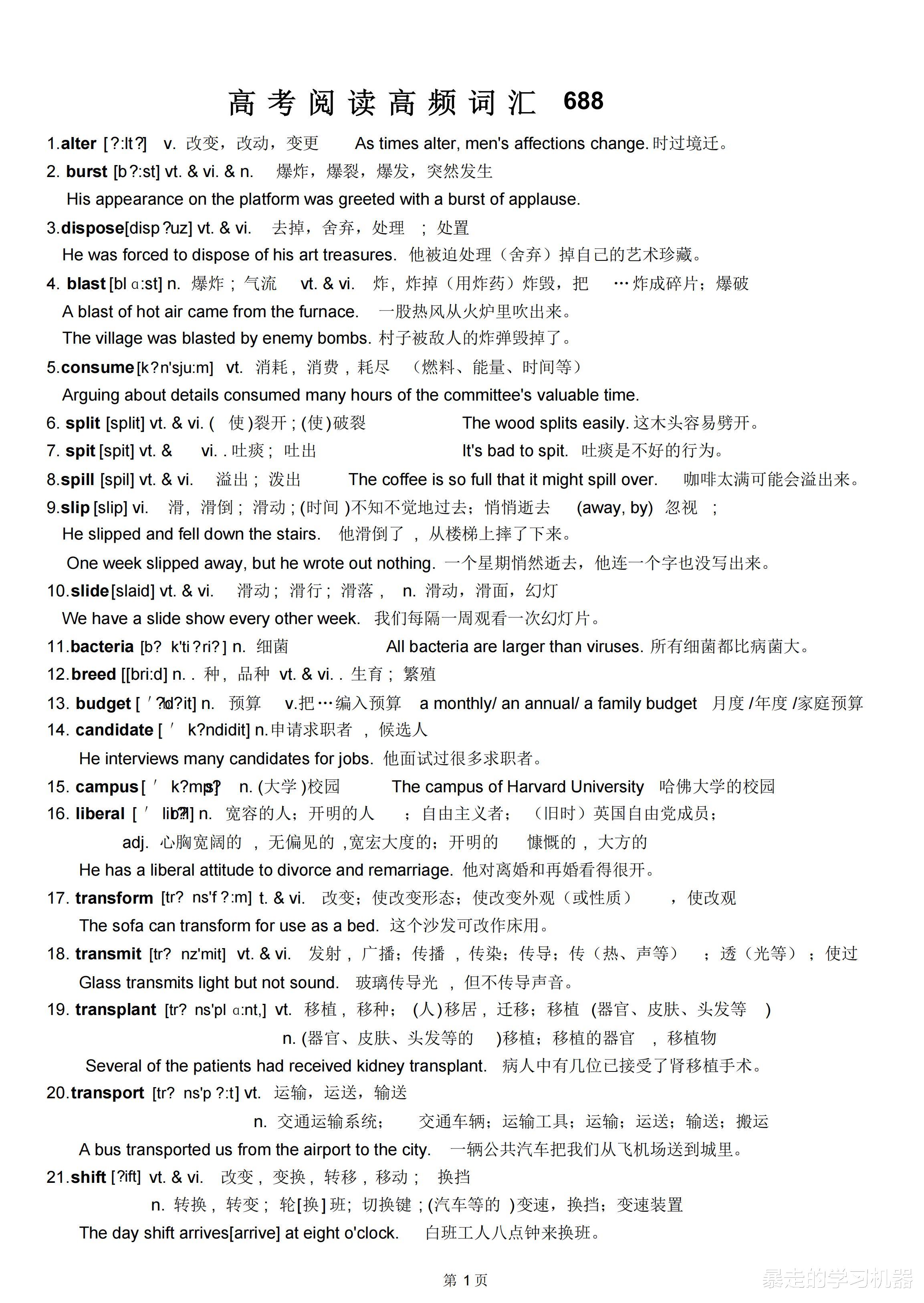 高考|高考英语，高频词汇688个(含精选例句)阅读、完形、写作都在考