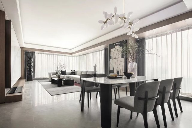 180平超大横厅的现代风,落地窗连接着各个功能区域