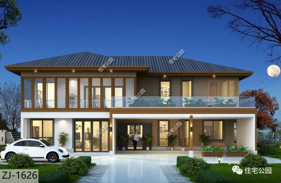 |开放式客厅+堂屋+观景阳光房，18×17米新中式别墅