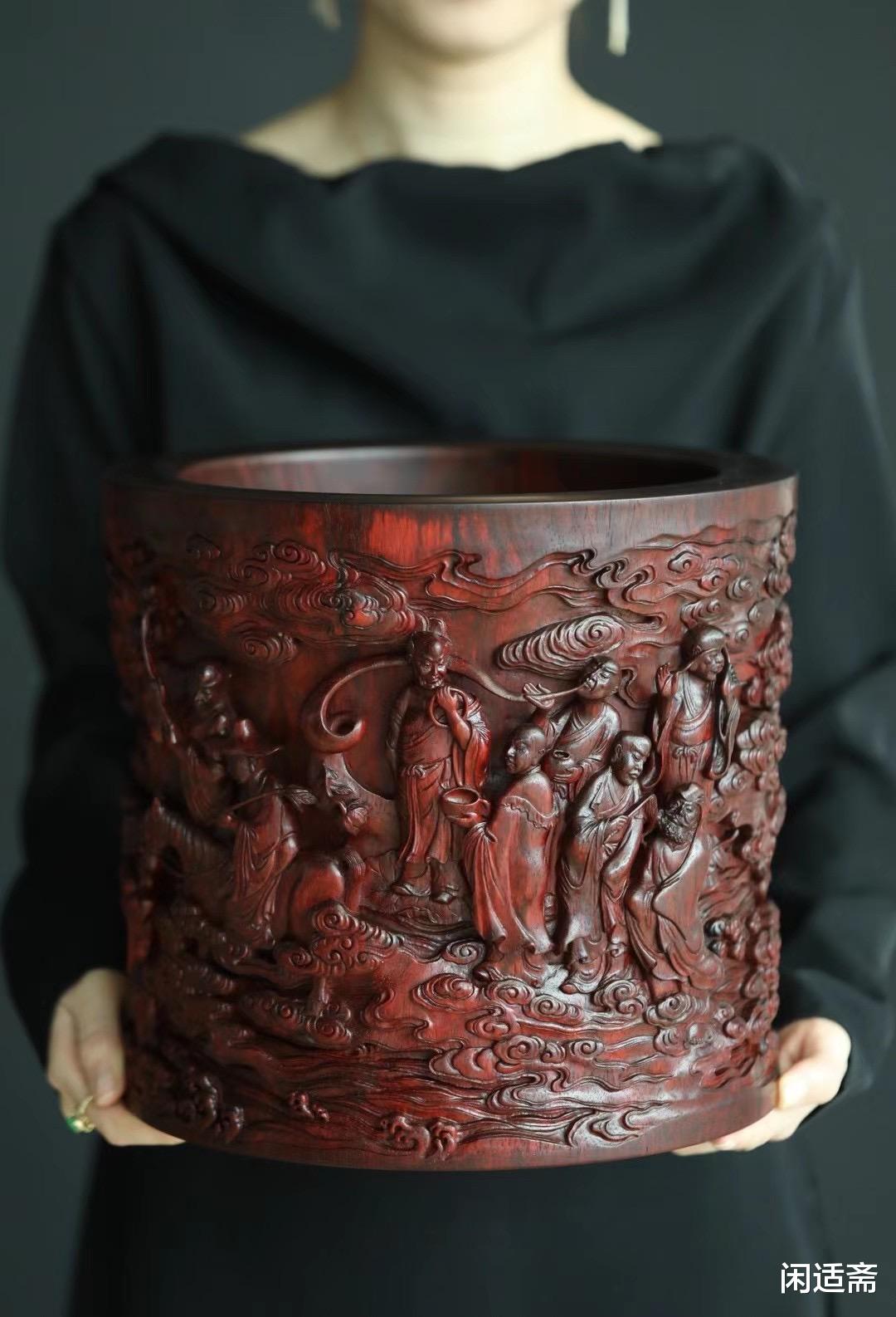 笔筒|文房珍品，名家王雅清手工复刻，小叶紫檀十八罗汉大笔筒