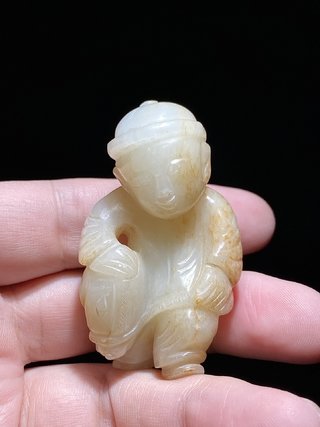 和田玉籽料|明 和田玉籽料 白玉 骑马童子 把件挂件