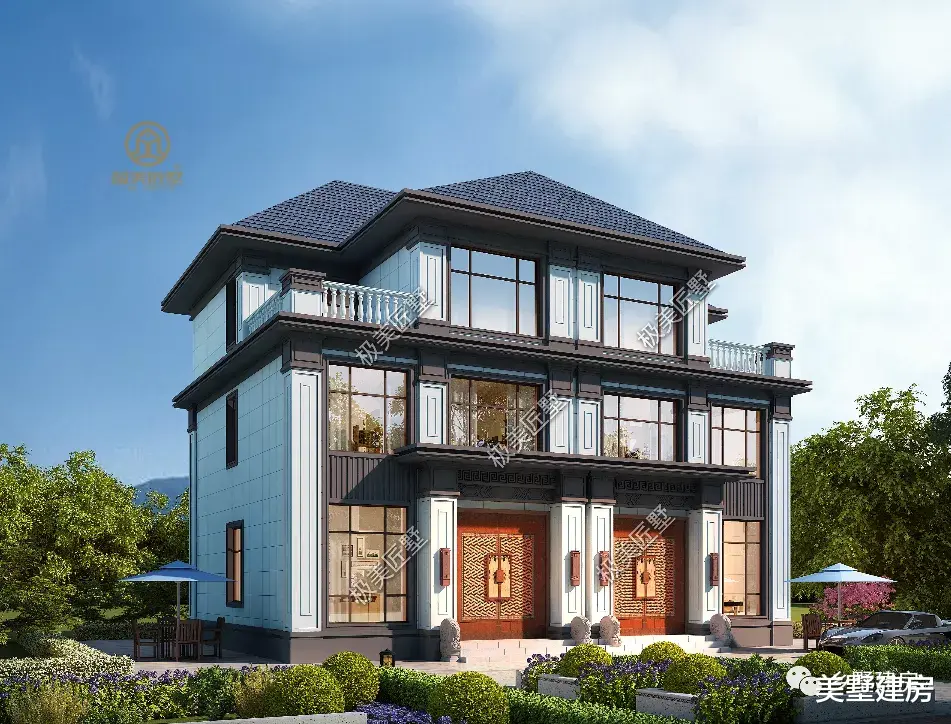 |15米面宽也能建的兄弟双拼别墅,新中式风格,典雅庄重