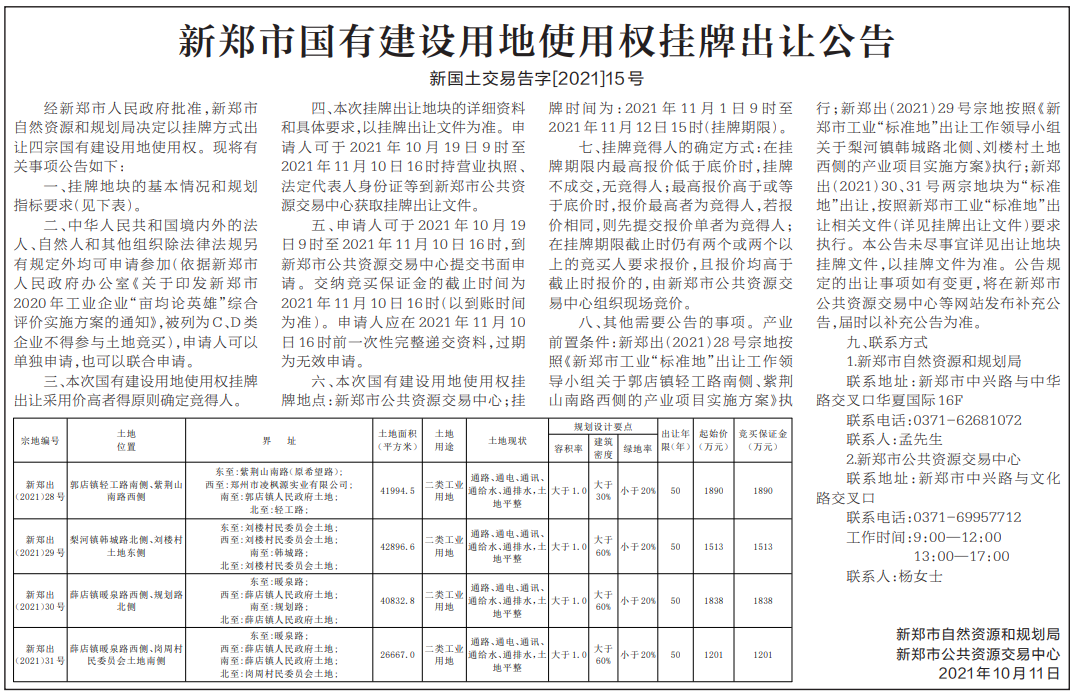 融创中国|起拍价6442万元，新郑4宗约228.59亩工业用地挂牌出让