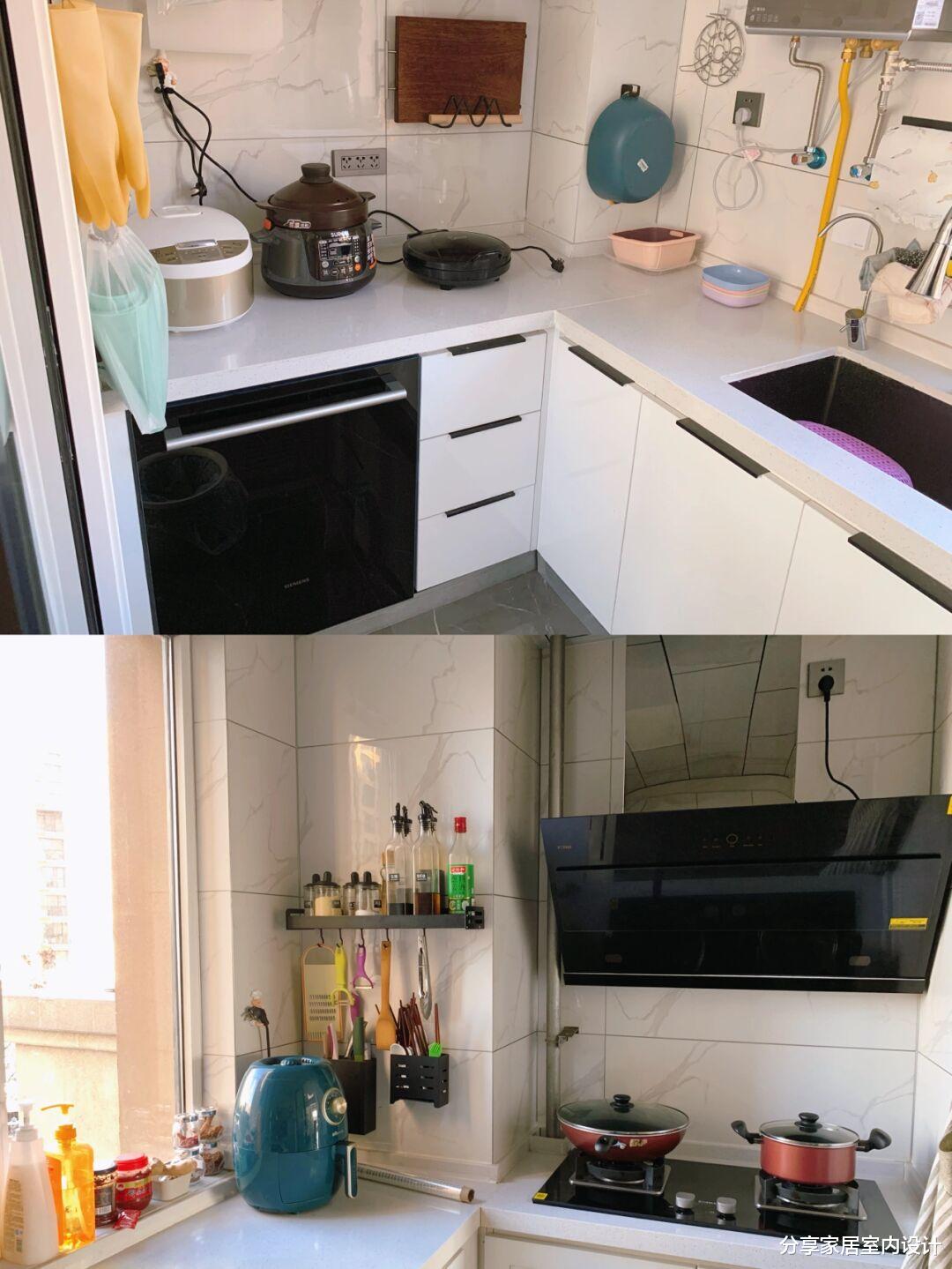 最近看她家入住两个月的新房，客厅与阳台打通很棒，不做电视墙很喜欢